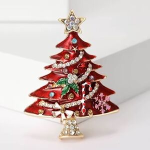 Red Christmas Tree Rhinestone Brooch – Festive Holiday Gift
